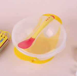 Baby feeding bowl with spoon and lid