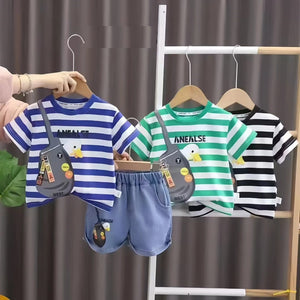 Kids' Cartoon Striped Summer Outfit Set